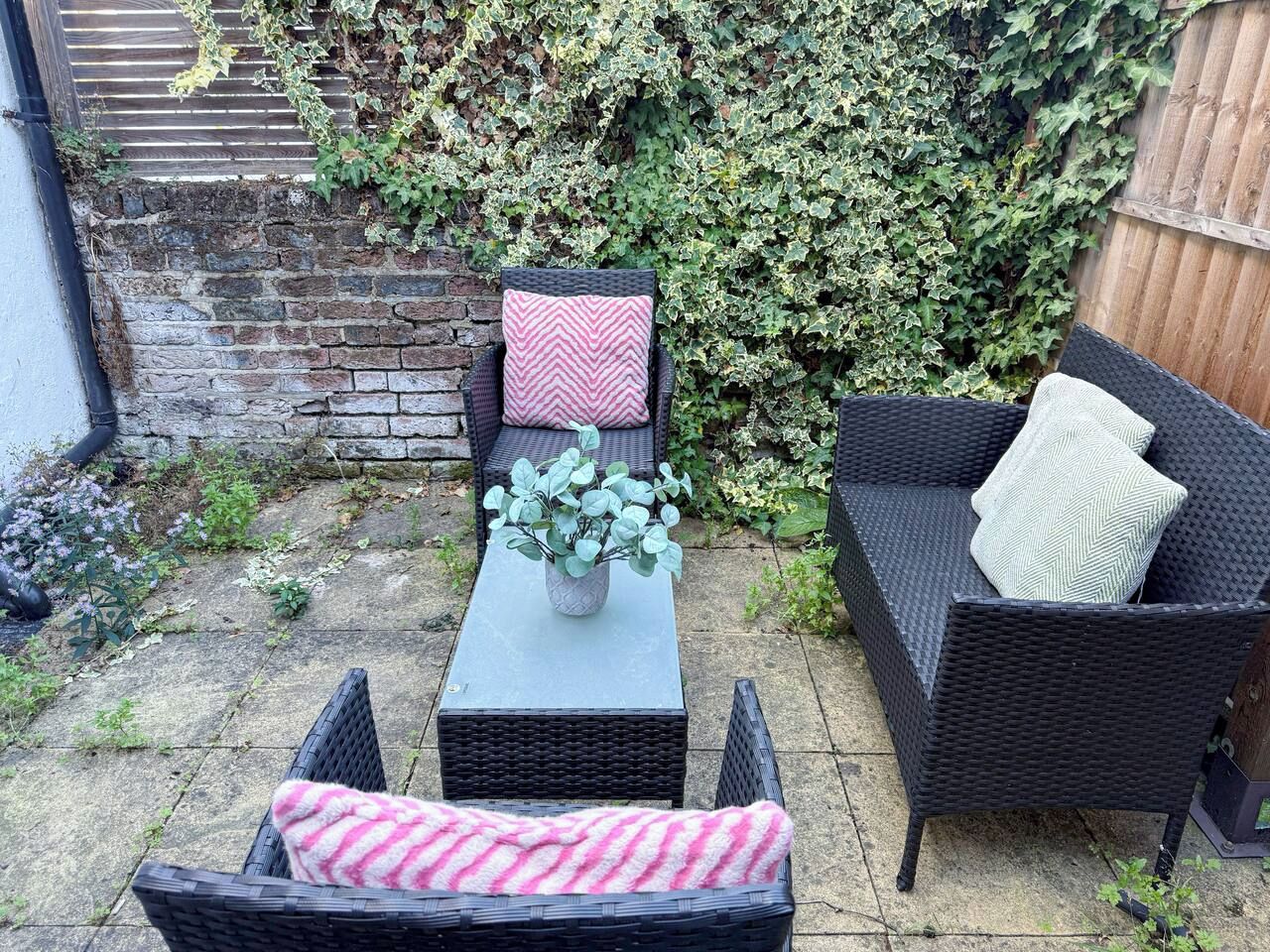 Un espace extérieur aménagé avec des meubles en osier, une table et une plante en pot.