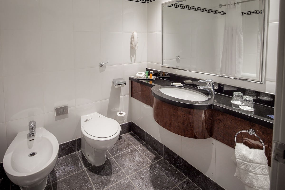 combined shower/bathtub, hair dryer, towels