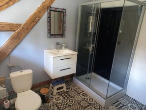 Shower, hair dryer, toilet paper