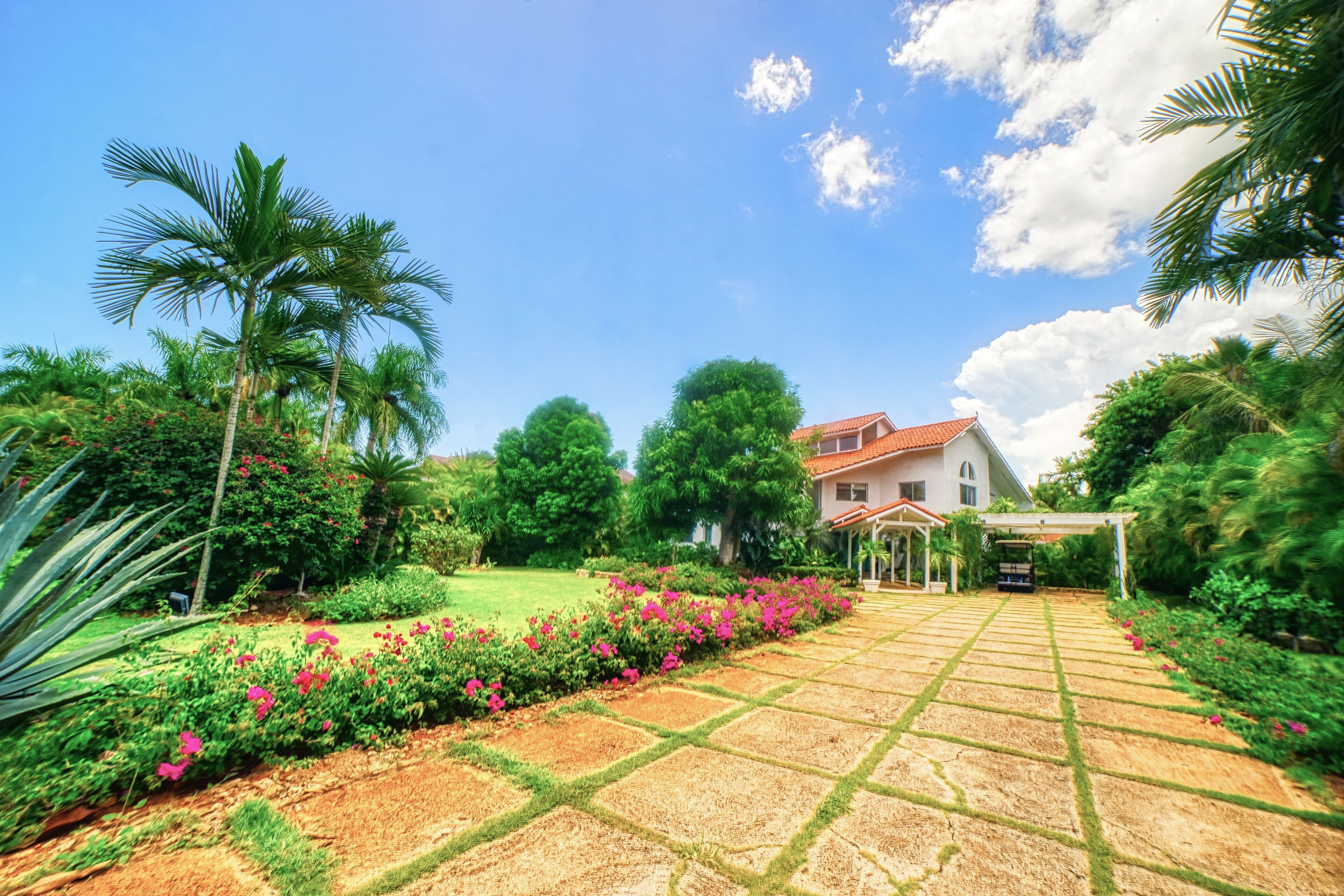 A house with a garden pathway leading to a covered entrance, surrounded by lush greenery and palm trees.