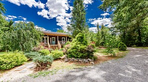 Step into a charming cabin surrounded by lush greenery and a welcoming front porch.