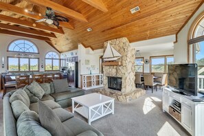 Smart TV, fireplace, DVD player, books