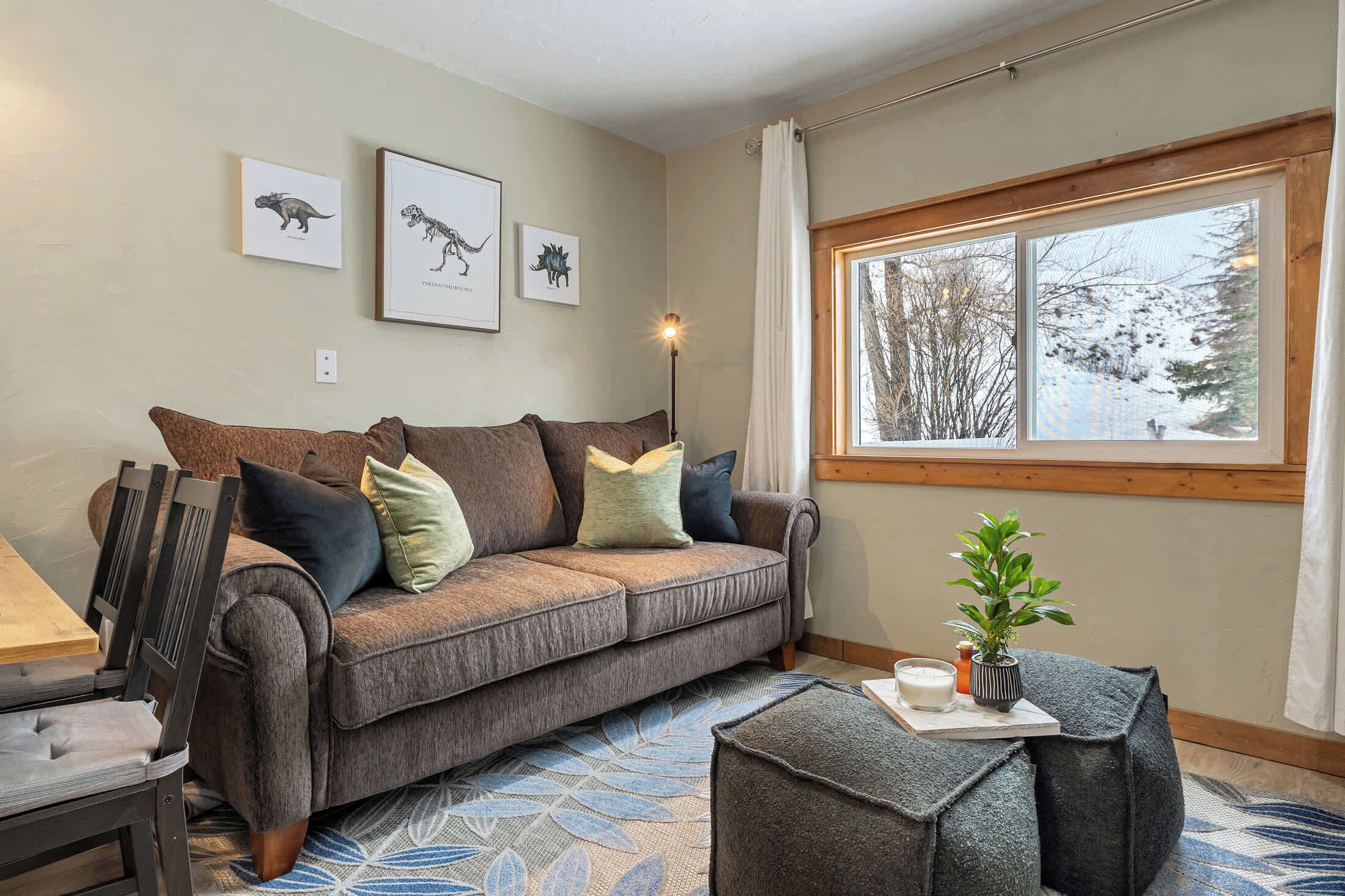 Tv, eldstad, böcker och kontor