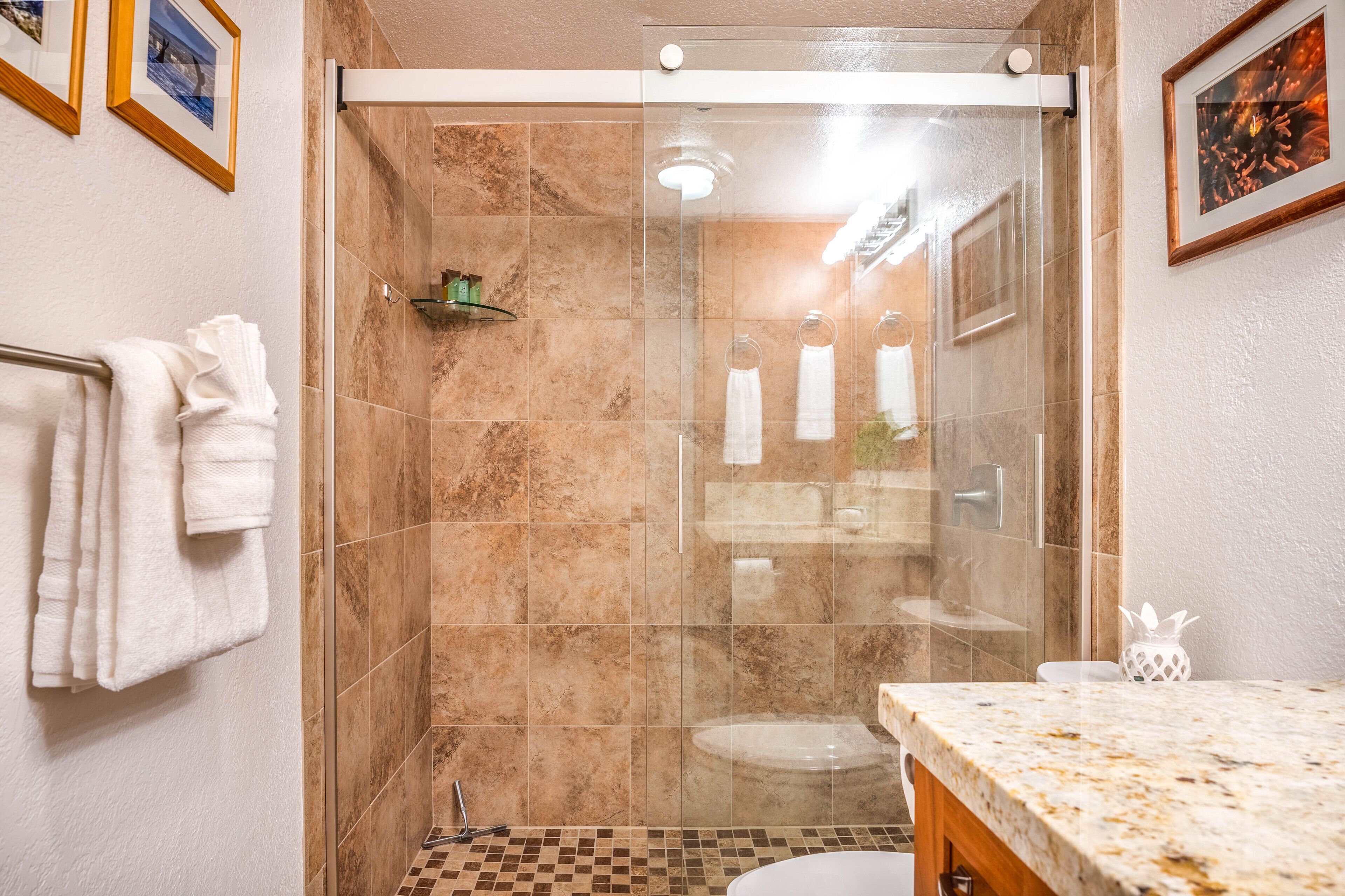 A modern bathroom with a glass-enclosed shower, a marble countertop, and a toilet.