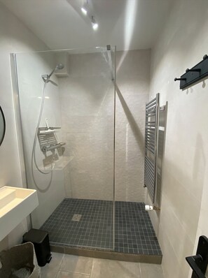 Shower, towels, soap, toilet paper