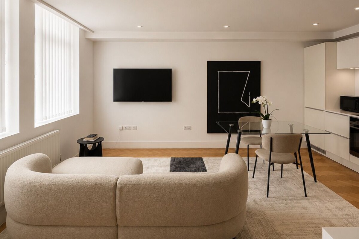 Un saló modern amb un sofà, televisió de pantalla plana, zona de menjador amb taula i cadires, i zona de cuina.
