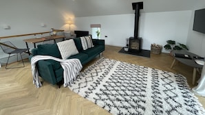 Una sala de estar moderna con un sofá verde, un tapete estampado, suelo de madera en patrón de espiga, un estufa de leña negra e iluminación colgante.