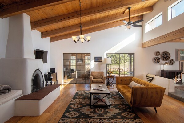 Smart TV, fireplace, books, printers