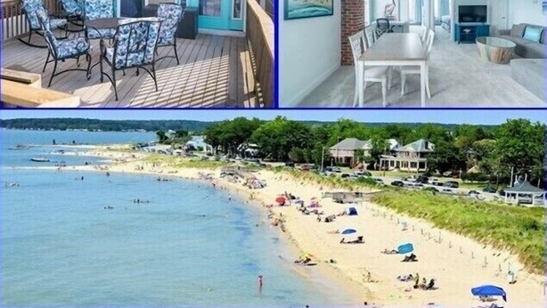 A beach view with a house and a dining area. - Beach, beach, in historic Cape Charles. Lovely 2BR Apt. 1 Block from beach (Cape Charles)