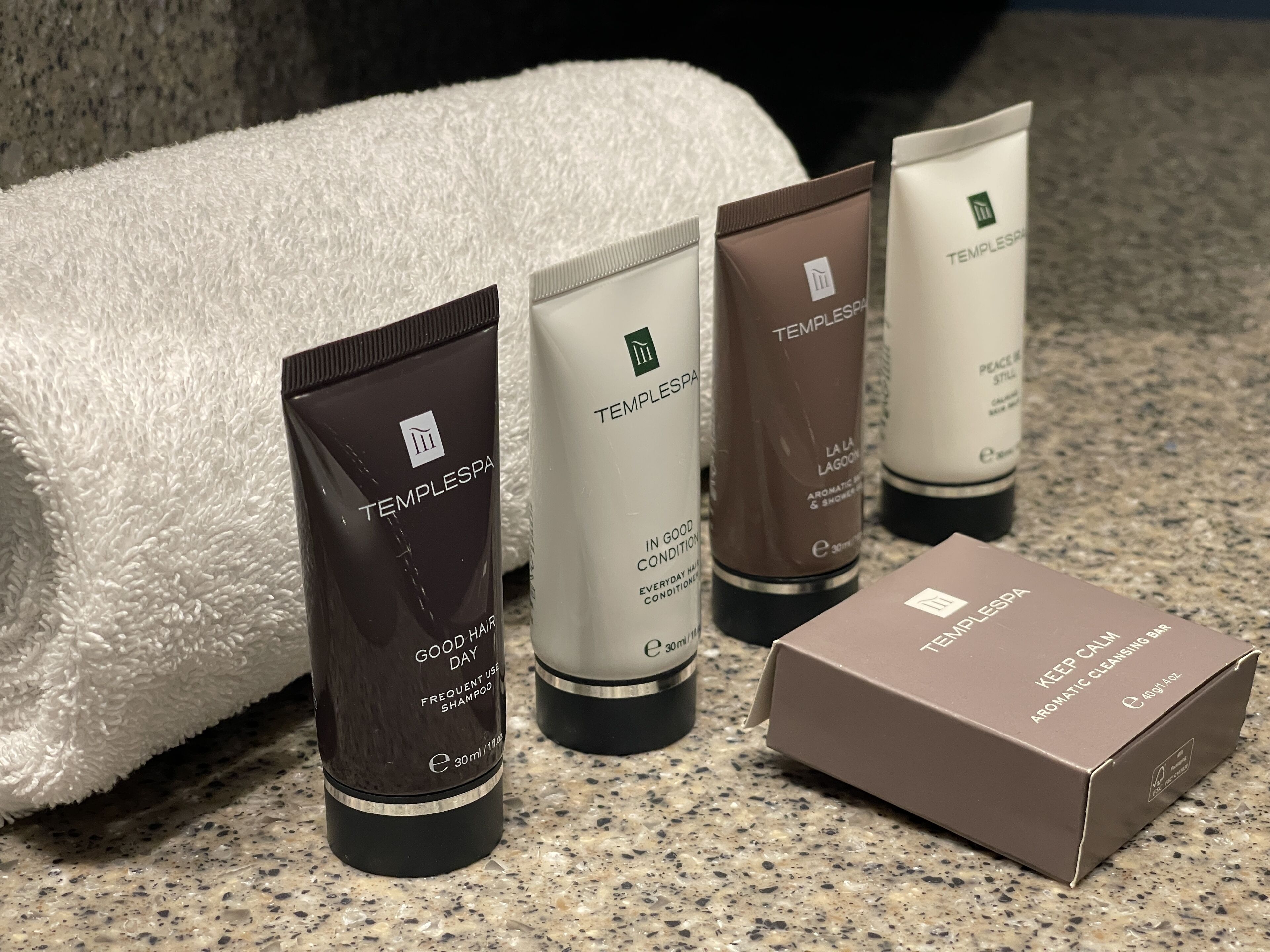 free toiletries, hair dryer, towels