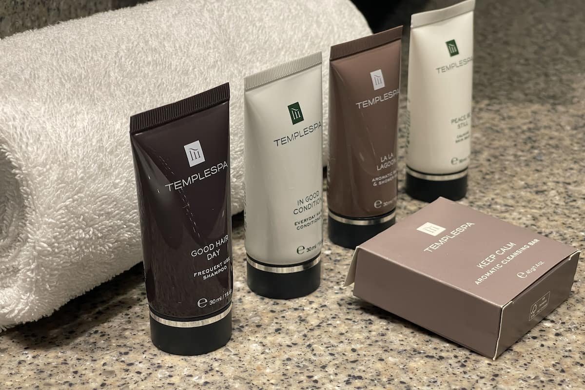 free toiletries, hair dryer, towels