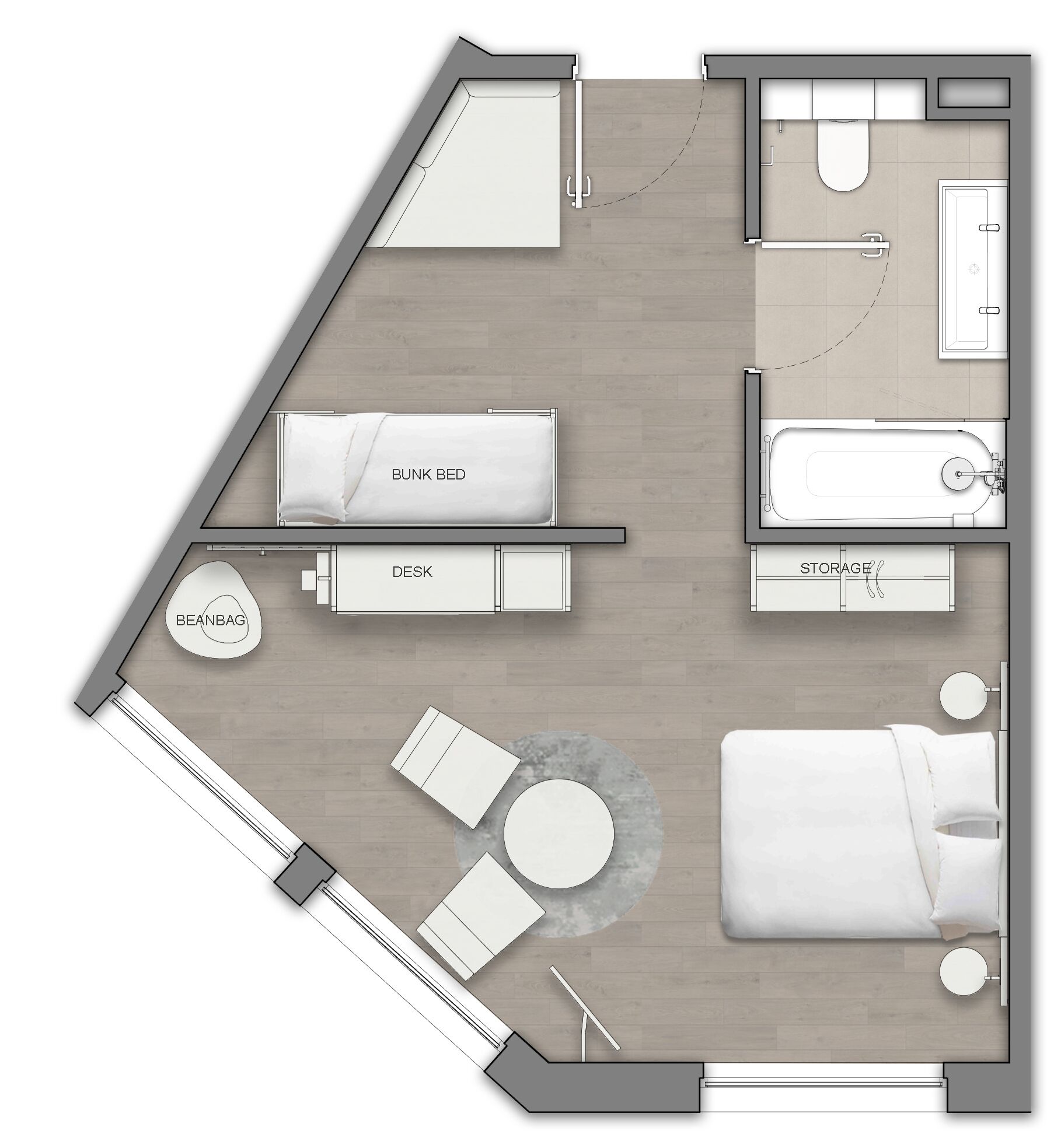 Layout di una camera d'albergo con letto a castello, scrivania, pouf, spazio contenitore e bagno.