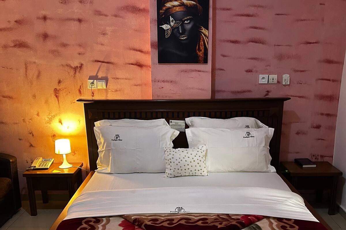 A neatly made bed with white linens and a decorative pillow, a bedside lamp, a nightstand with a phone, and a wall with a framed picture.