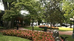 A park with a statue, a pathway, and a building in the background.