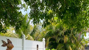 A hot tub with a white fence and greenery in the background. - SEADREAM WITH LITE BREAKFAST, HOT TUBE, AND CANAL VIEW (Stuart)