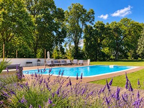 A swimming pool with lounge chairs and a garden area with lavender plants.