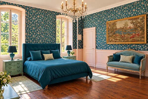 A bedroom with a large bed, a chaise lounge, a chandelier, and floral wallpaper.