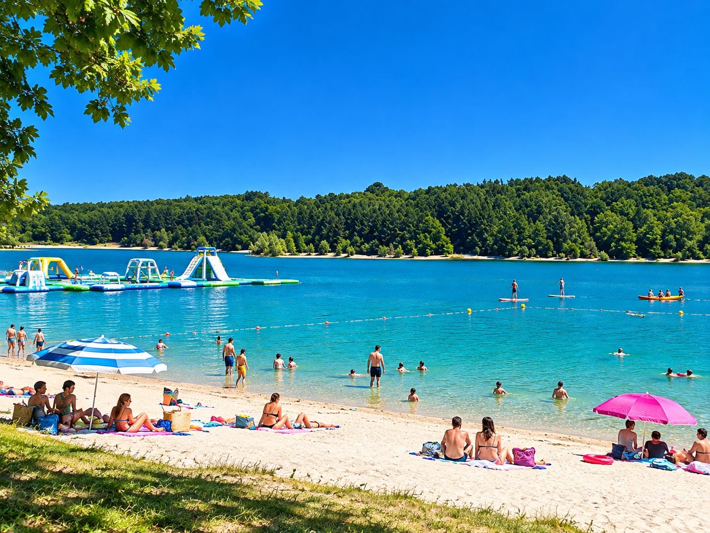 Une plage avec une eau d’un bleu cristallin, où l’on peut se baigner et bronzer, et où l’on trouve des jeux gonflables flottants.