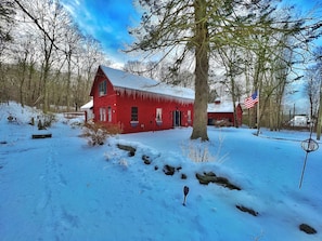 Una casa di legno rossa con tetto imbiancato dalla neve, circondata da alberi e una bandiera.