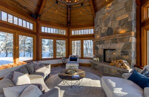 Smart TV, fireplace, books