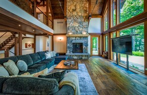 Smart TV, fireplace, books