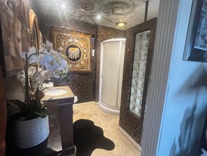 Hair dryer, towels, soap, shampoo