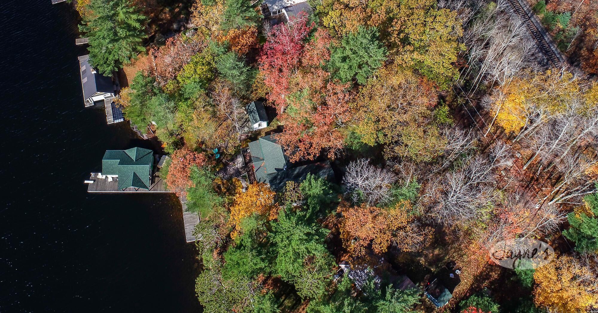 Vista aérea de una propiedad junto al lago, con un muelle, una casa pequeña y árboles frondosos con follaje otoñal.