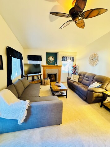 Pull out sofa bed in living room. Games and Book available for all day fun!