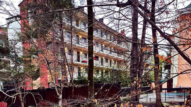 Un riu que serpenteja per un parc, amb un pont de pedra, envoltat d'arbres i edificis.