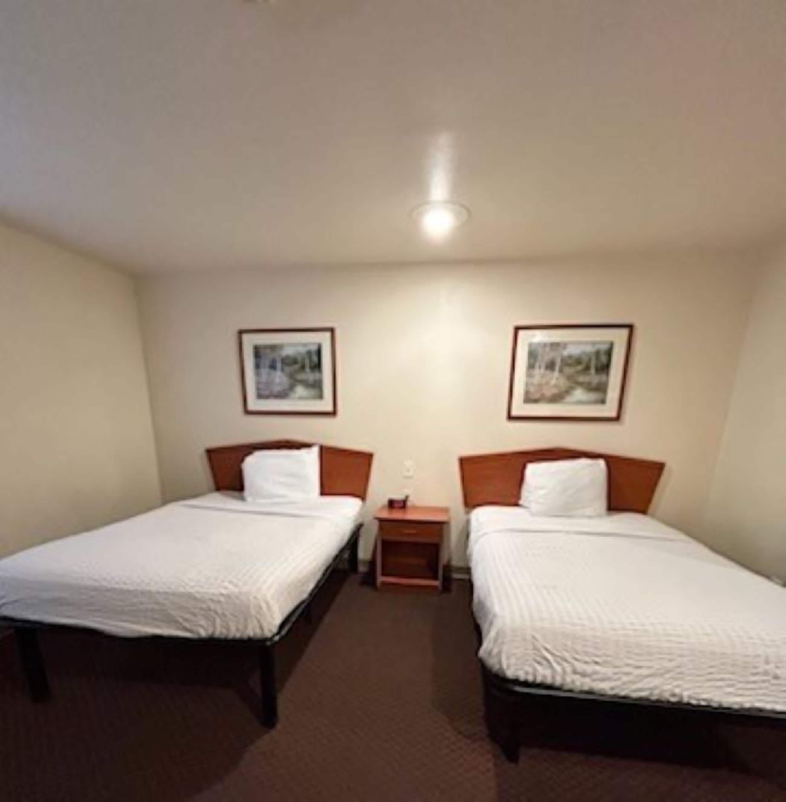 Habitación de hotel con dos camas individuales, una mesita de noche y dos cuadros en la pared.