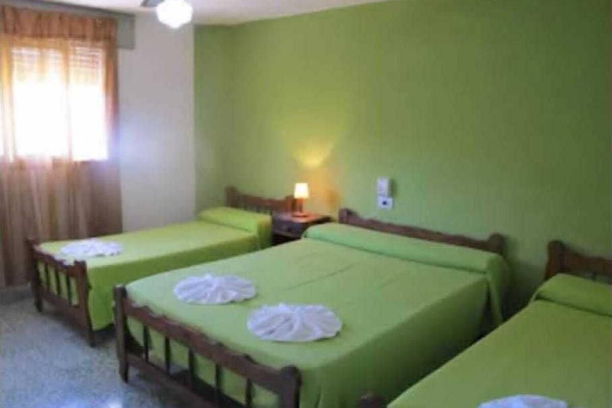 A room with three single beds, each with a green bedspread and a white towel on the bed. There is a nightstand with a lamp between the beds.