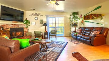 Smart TV, fireplace, video games, DVD player