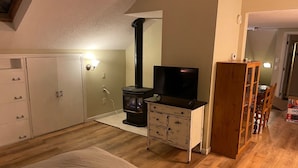 A room with a bed, a TV on a wooden stand, a white chest of drawers, and a black stove. - Quaint Studio Space, right next to Macalester College, 5 miles uptown/downtown (Saint Paul)