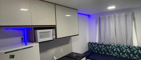 Réfrigérateur, micro-ondes, plaque de cuisson, blender
