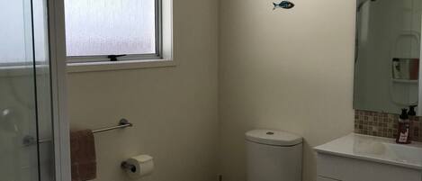 A small bathroom with a toilet, a sink, a mirror, and a window.
