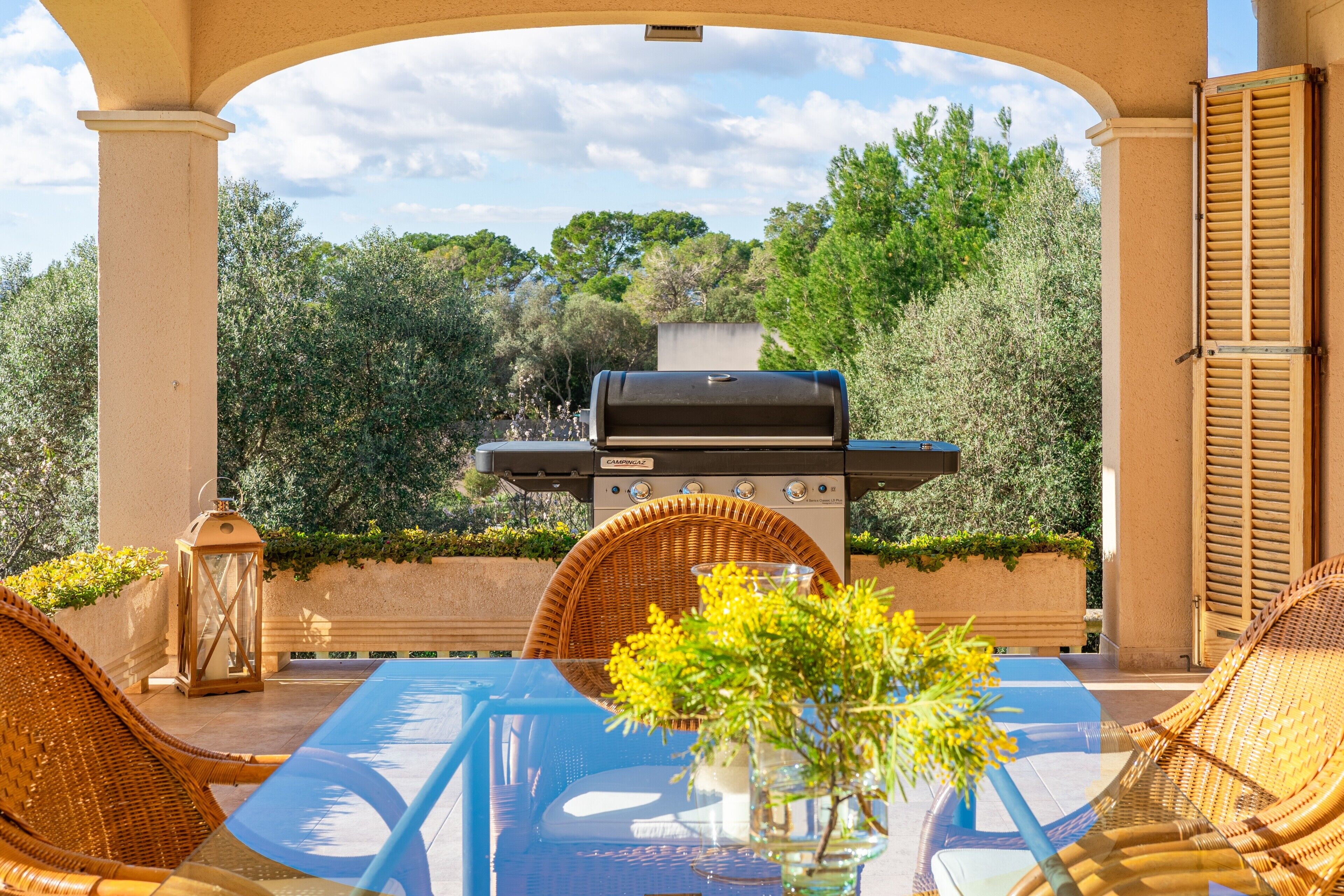 Eine Terrasse im Freien mit Grill, Korbstühlen, einem Glastisch und Blick auf Bäume.