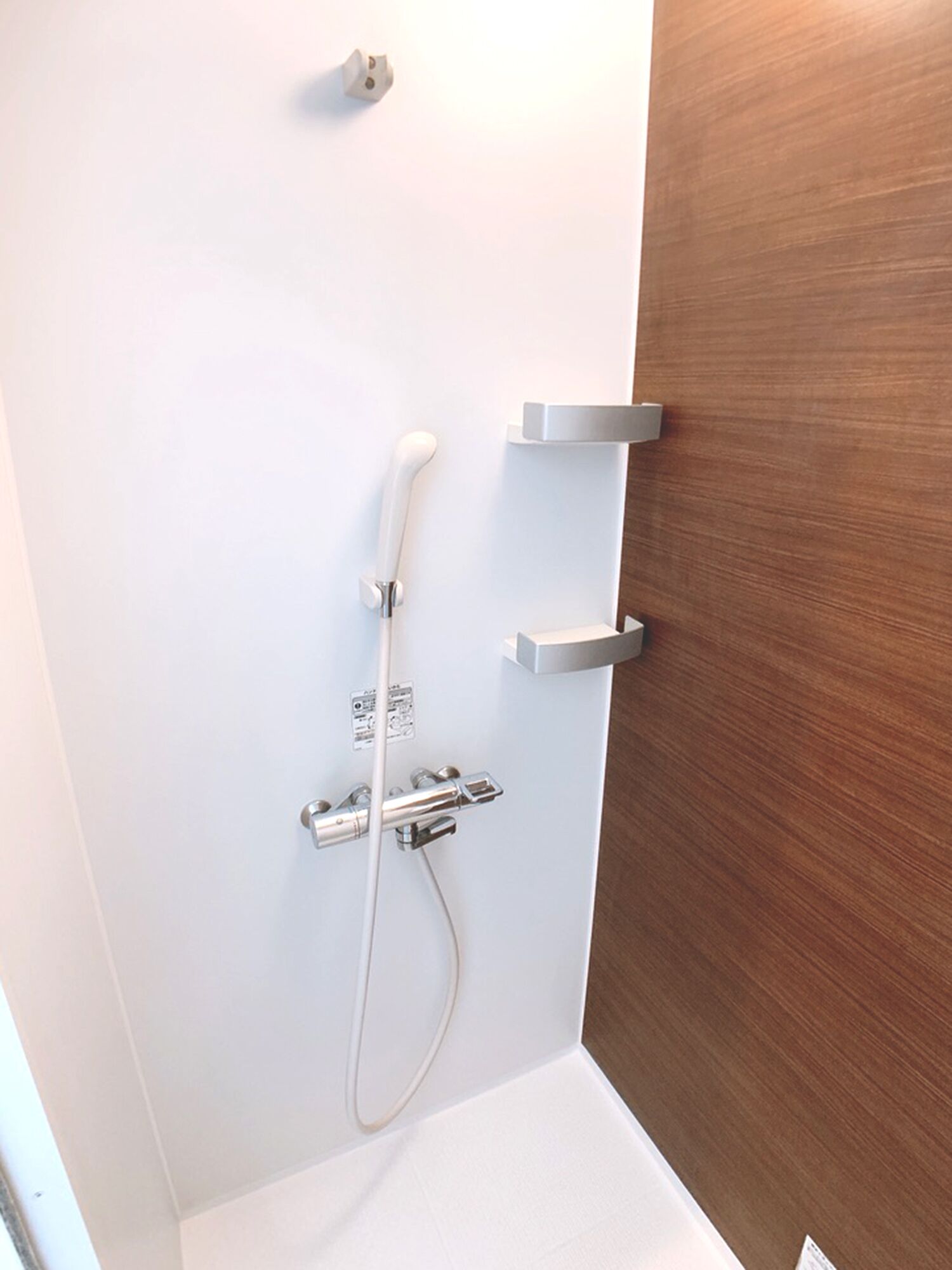 A bathroom with a shower, a toilet, and a wooden door.