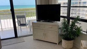 Ein Wohnzimmer mit großem Fenster, einem Flachbildfernseher, einem Blumentopf und einer Zeitschrift auf einem Tisch.