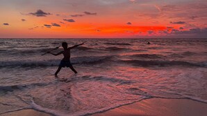 A sunset over the ocean with a person standing in the water. - LUXURY Villa ALEXA Naples

Modern Voice controlled Villa with SALT WATER POOL (Naples)