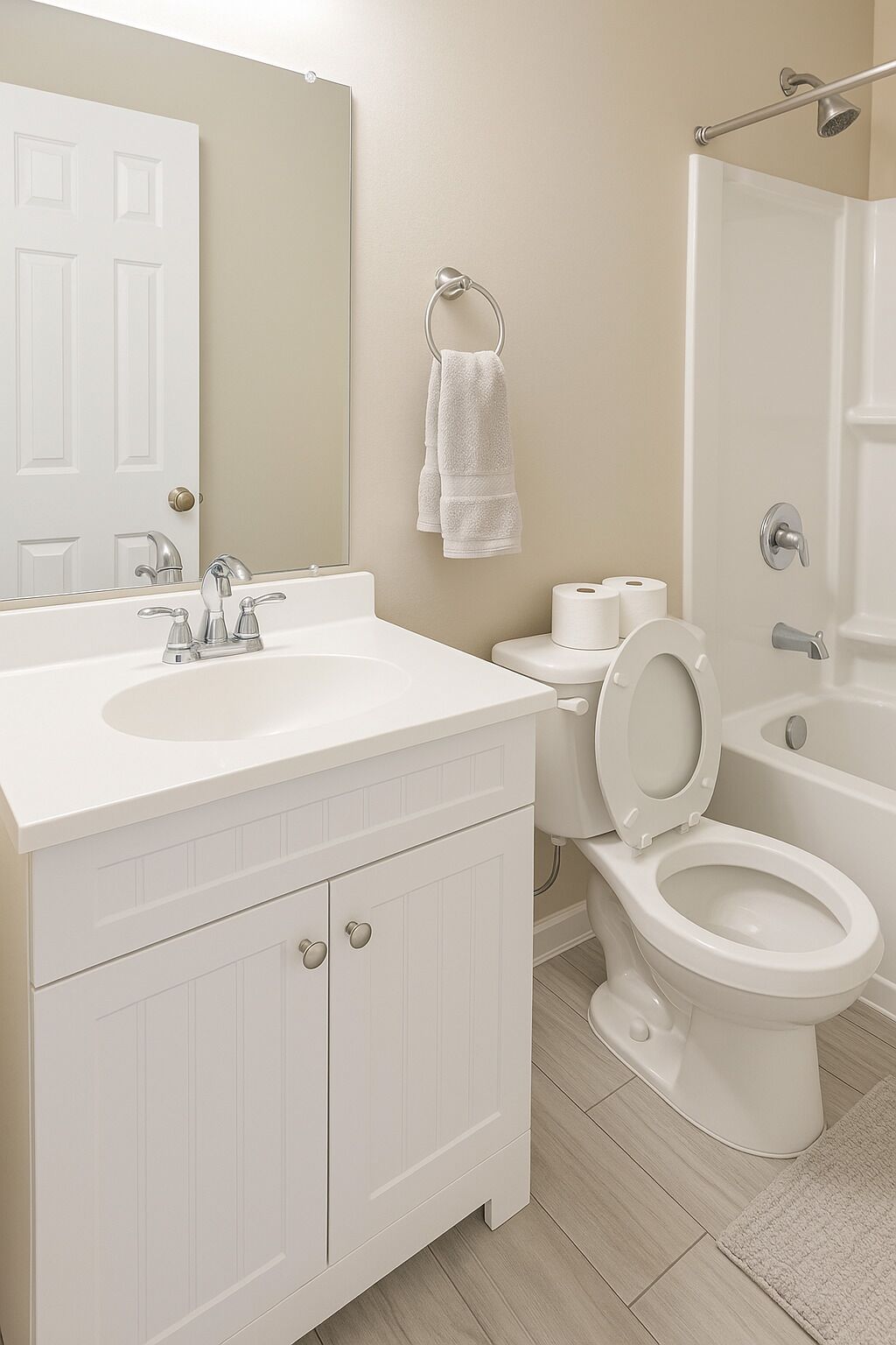 Shower, towels, toilet paper