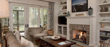 TV, fireplace, books