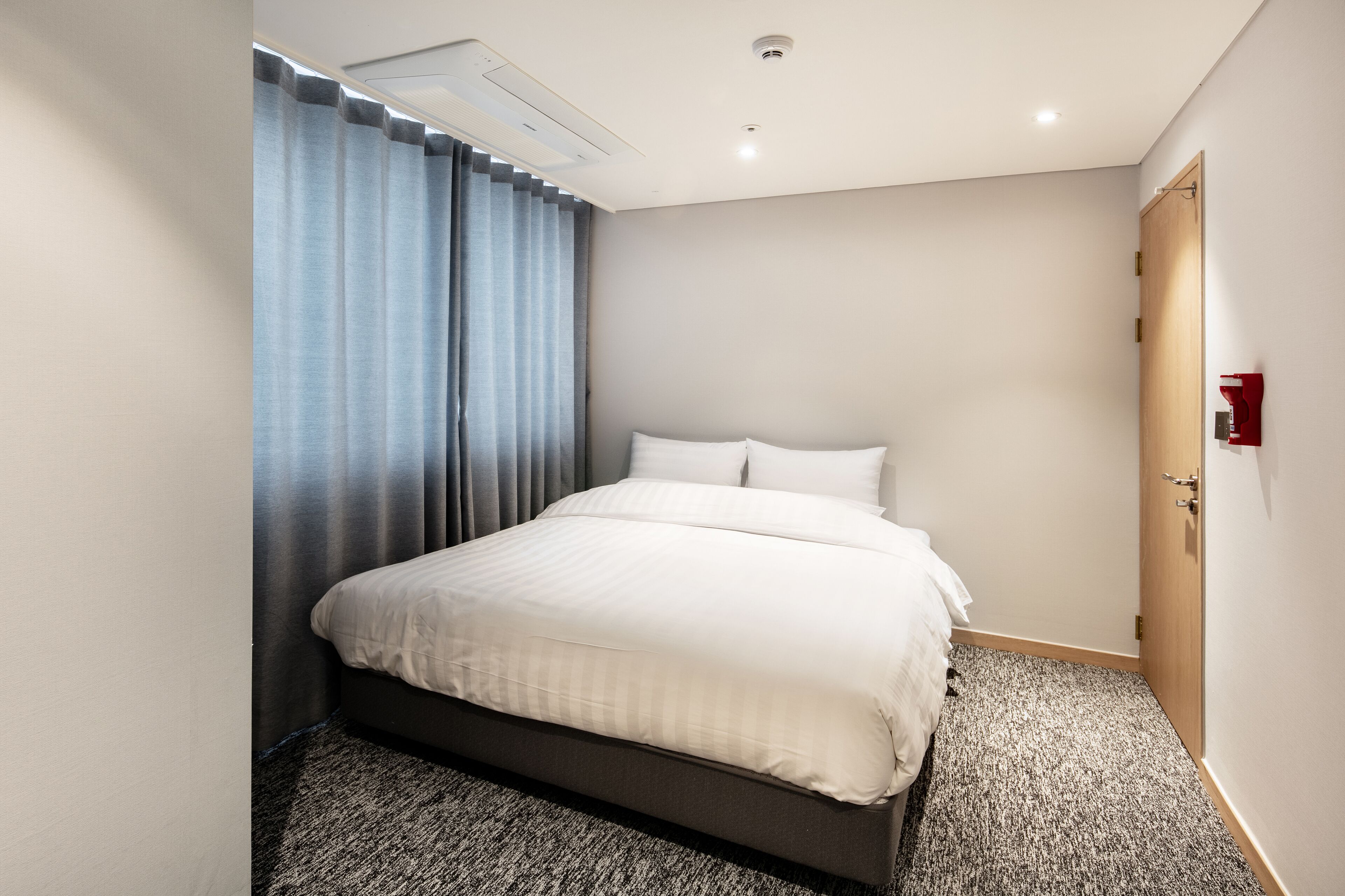 Habitación de hotel con cama, cortinas, una puerta y suelo alfombrado.