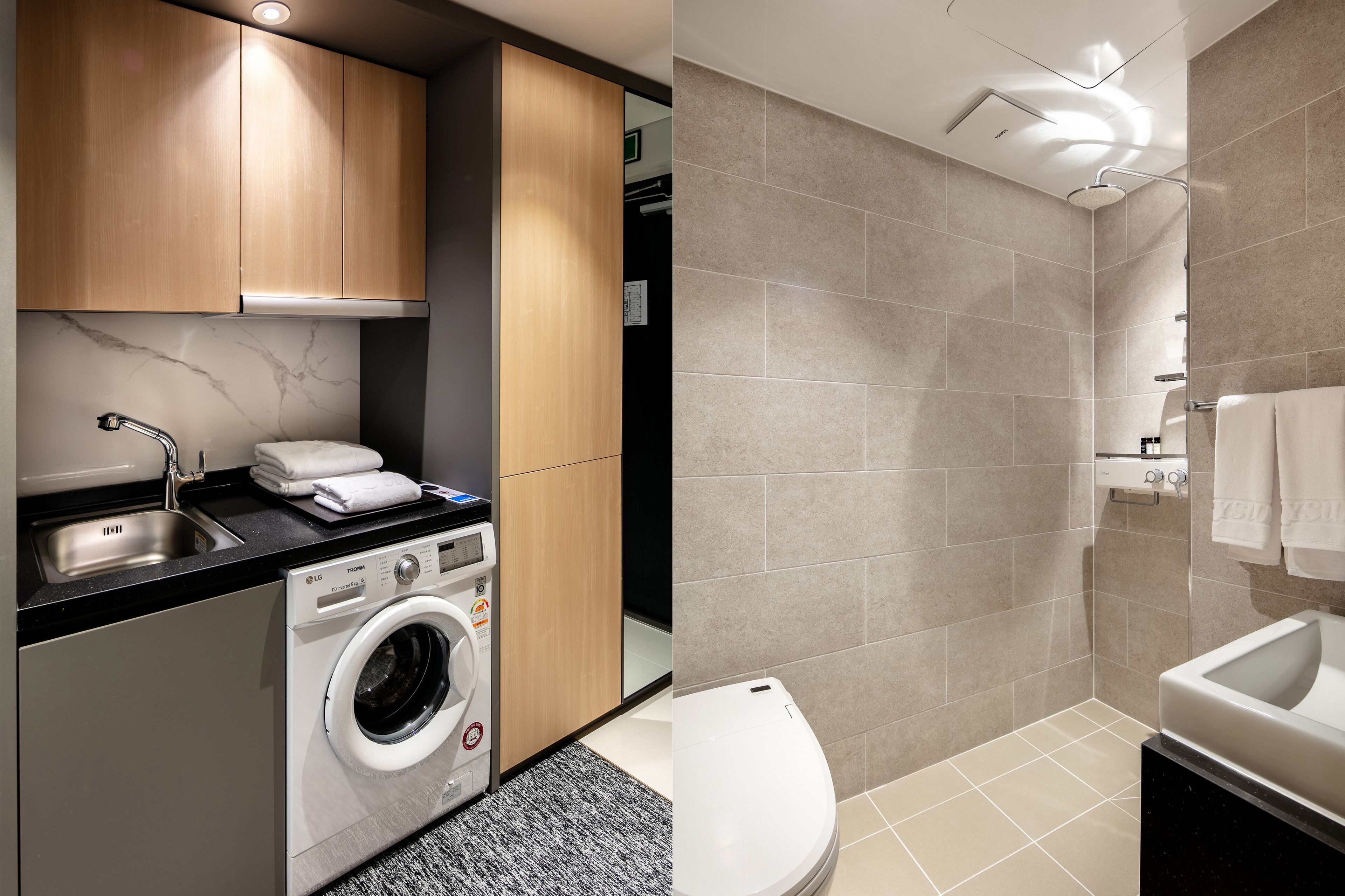 A compact, modern bathroom with a shower, toilet, and sink.