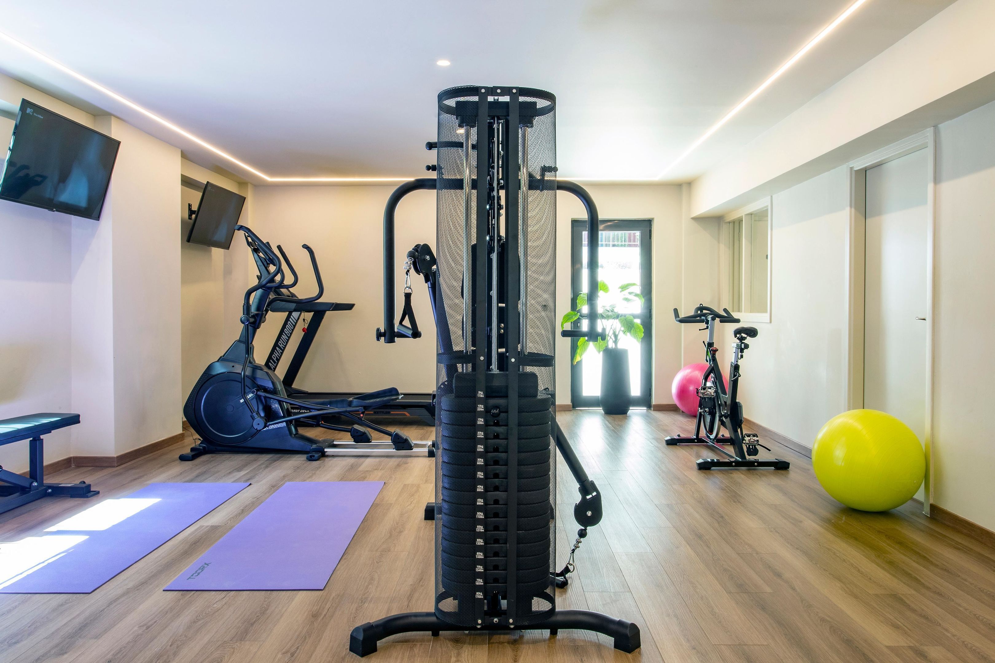 A gym with exercise equipment, a treadmill, and a stationary bike.
