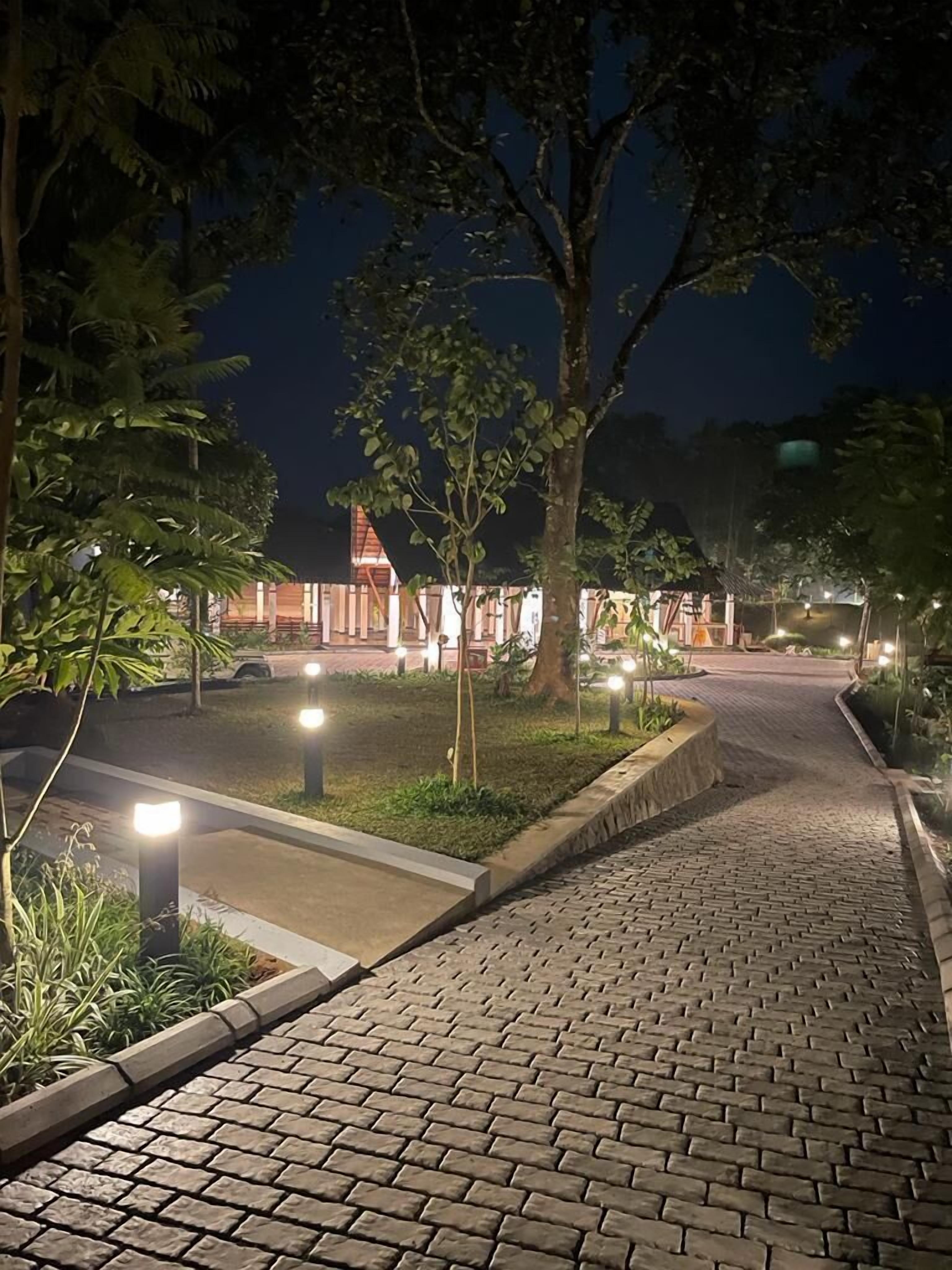 A paved pathway leading to a building with a red roof, surrounded by trees and illuminated by street lamps.