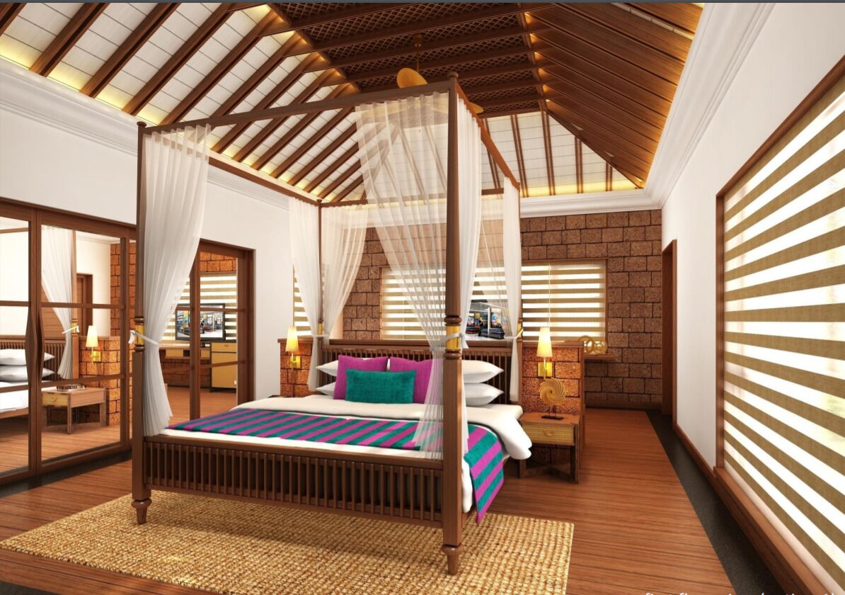 A four-poster bed with a canopy, a brick wall, and a wooden ceiling.