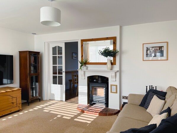 Una sala de estar con chimenea, un sofá, un televisor y una estantería.