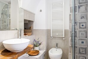 Shower, hair dryer, bidet, towels