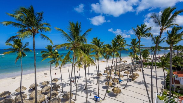 A beach with palm trees, thatched umbrellas, and a clear blue sky. - Punta Cana Condo for Rent (Punta Cana)