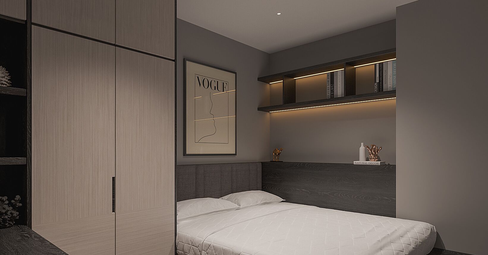A modern bedroom with a bed, a wardrobe, and a shelf with books and decorative items.